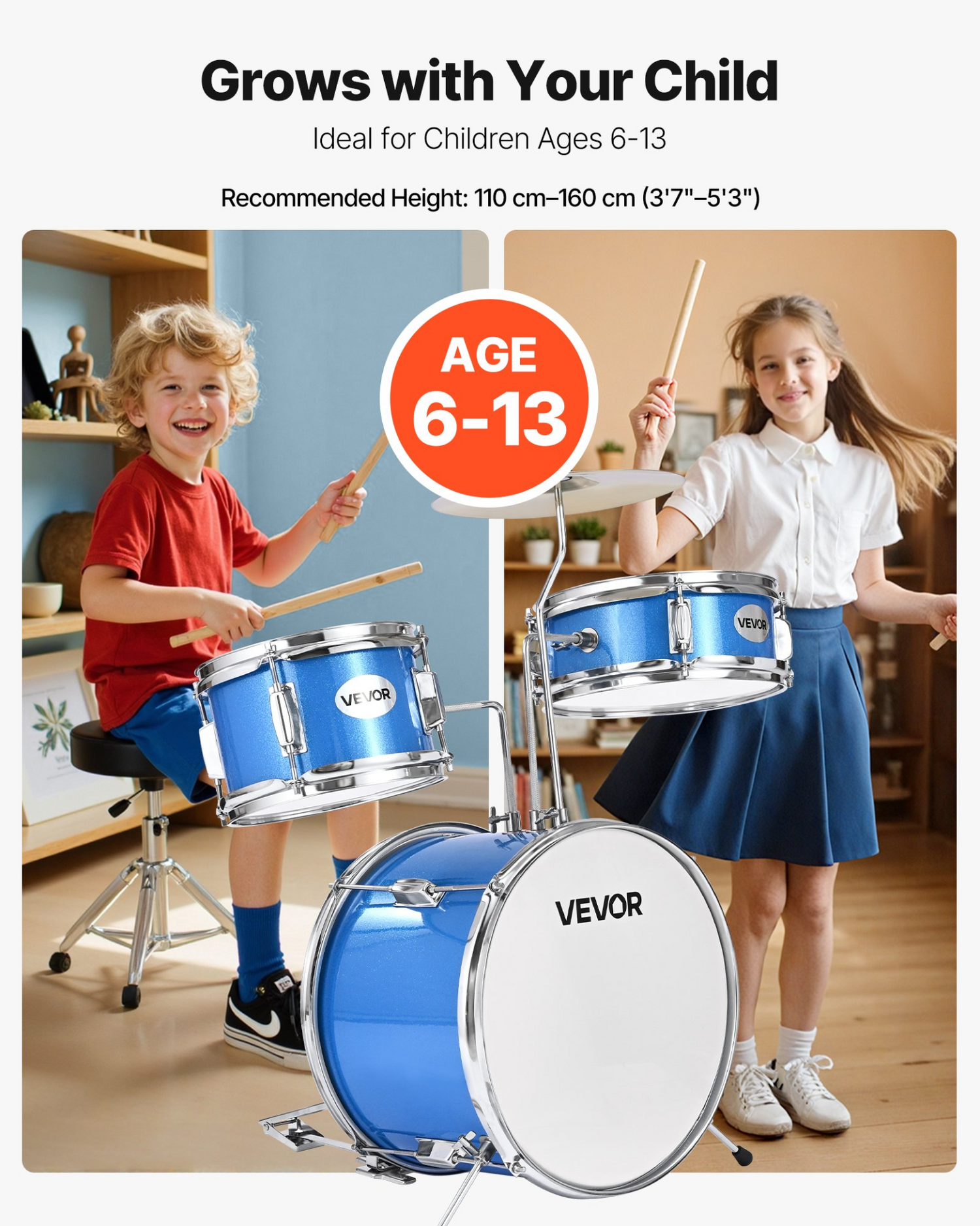 Start2Finish VEVOR kids drum set with 14-inch junior drums, cymbal, adjustable throne, and drumsticks for children ages 6-13.