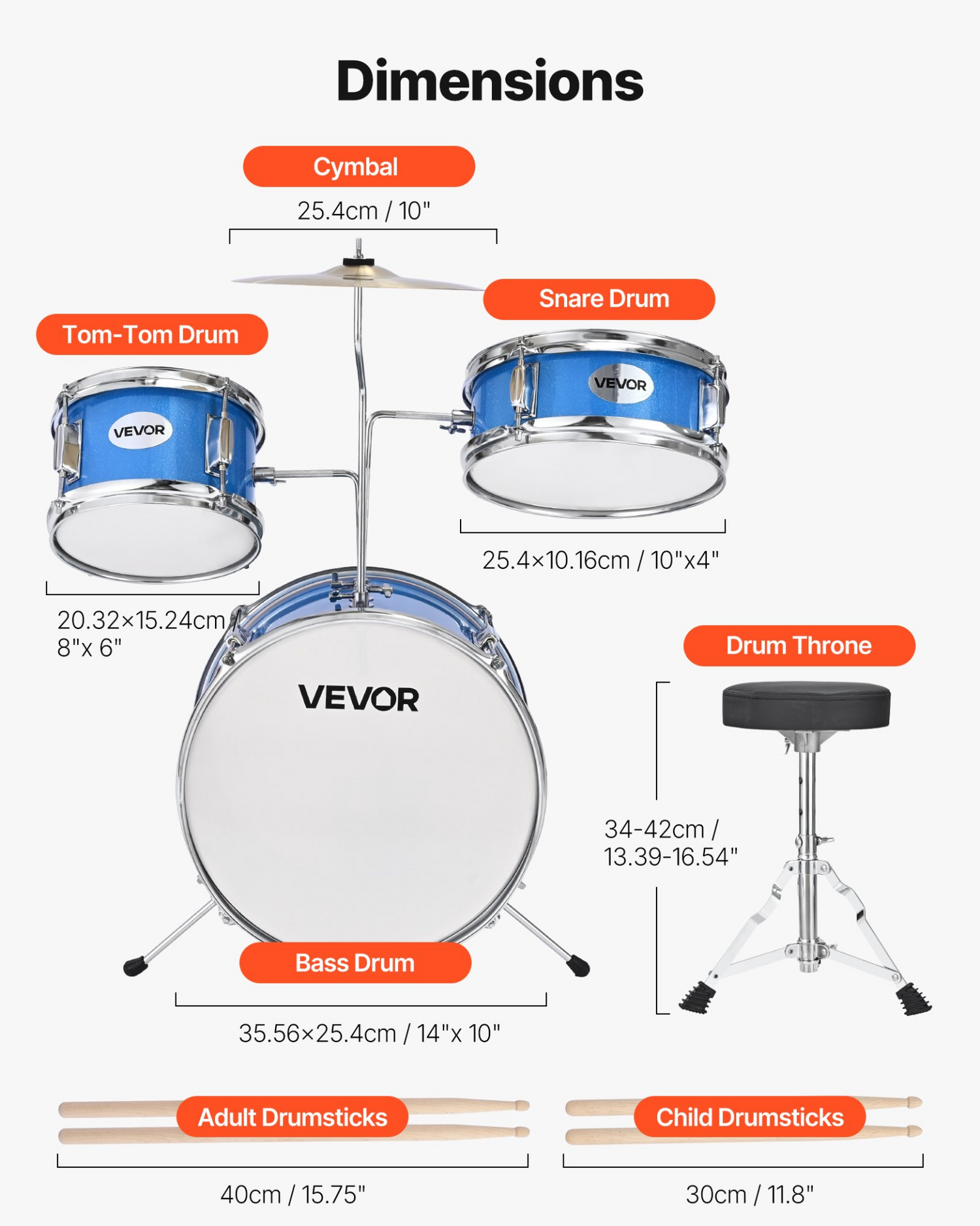 Start2Finish VEVOR kids drum set with 14-inch drums, cymbal, adjustable throne, and drumsticks for children ages 6-13.