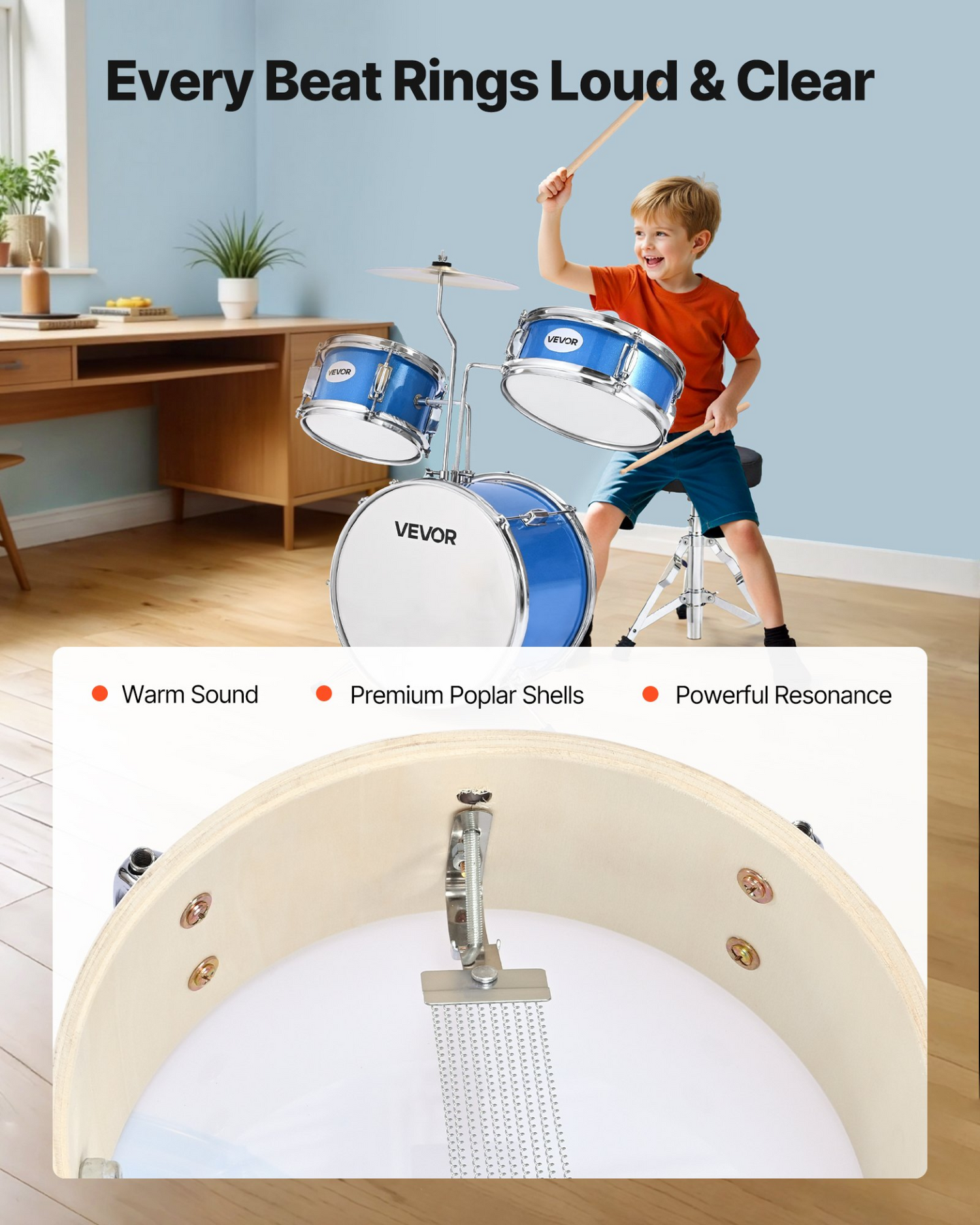 Start2Finish VEVOR kids 3-piece drum set with cymbal, drumsticks, and adjustable throne in blue, ideal for children ages 6-13.