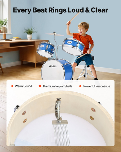 Start2Finish VEVOR kids 3-piece drum set with cymbal, drumsticks, and adjustable throne in blue, ideal for children ages 6-13.