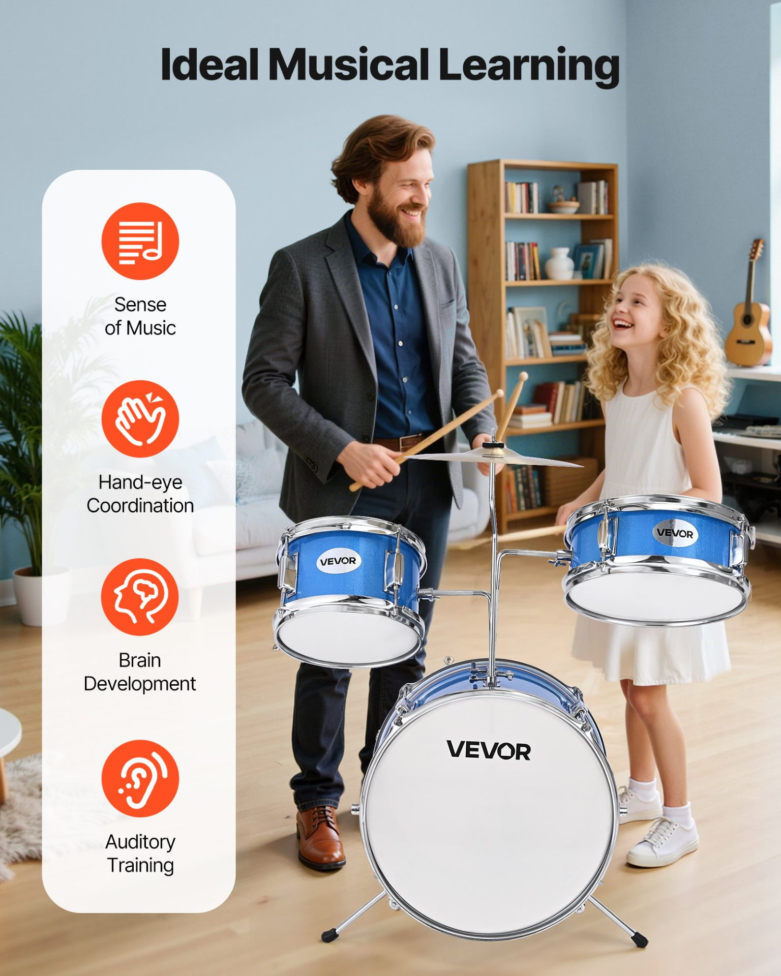 Start2Finish VEVOR Kids Drum Set with 14-inch drums, cymbal, adjustable throne, drumsticks, ideal for children ages 6-13.