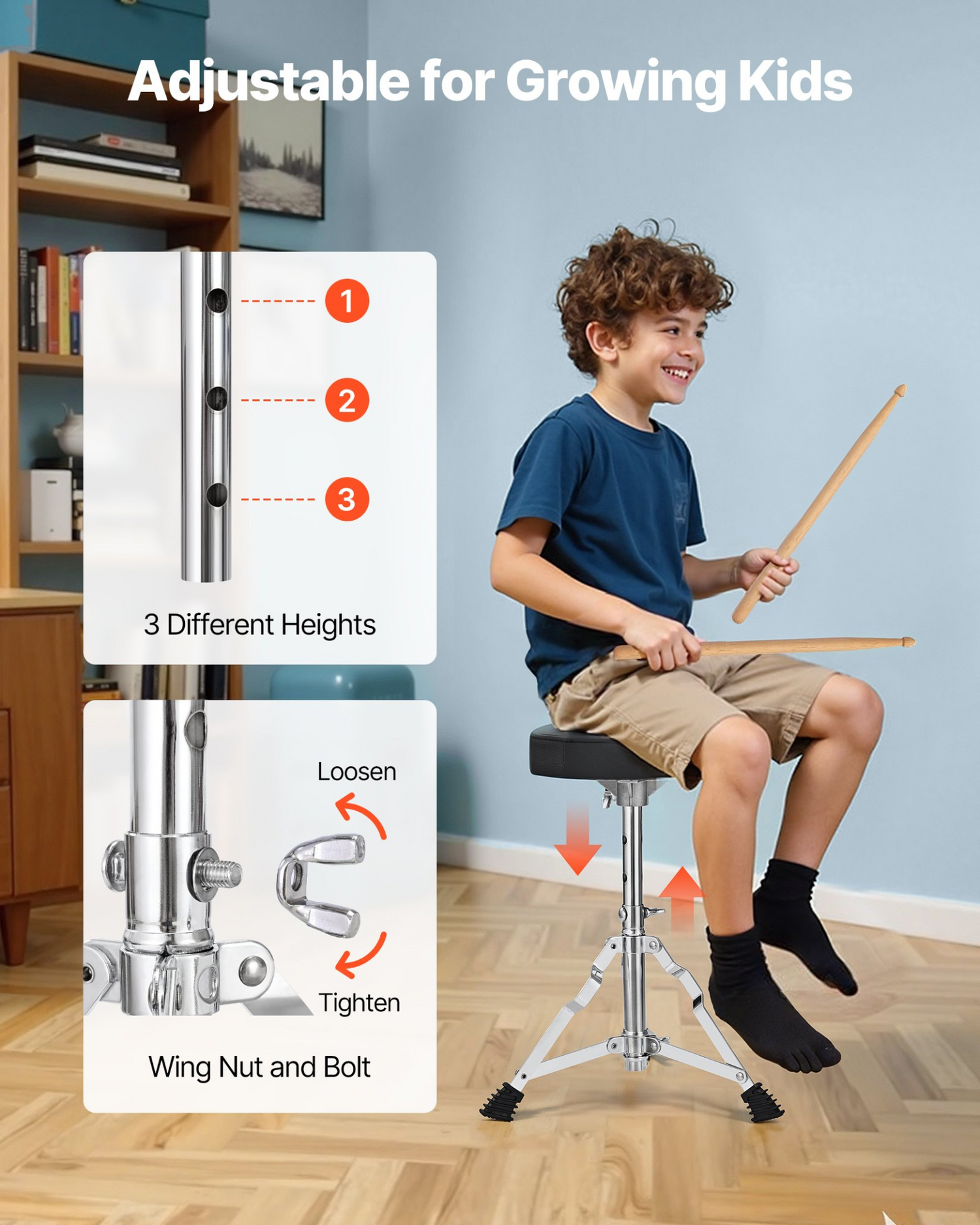 Start2Finish VEVOR Kids Drum Set with 14-inch drums, cymbal, adjustable throne, and drumsticks for children ages 6-13.