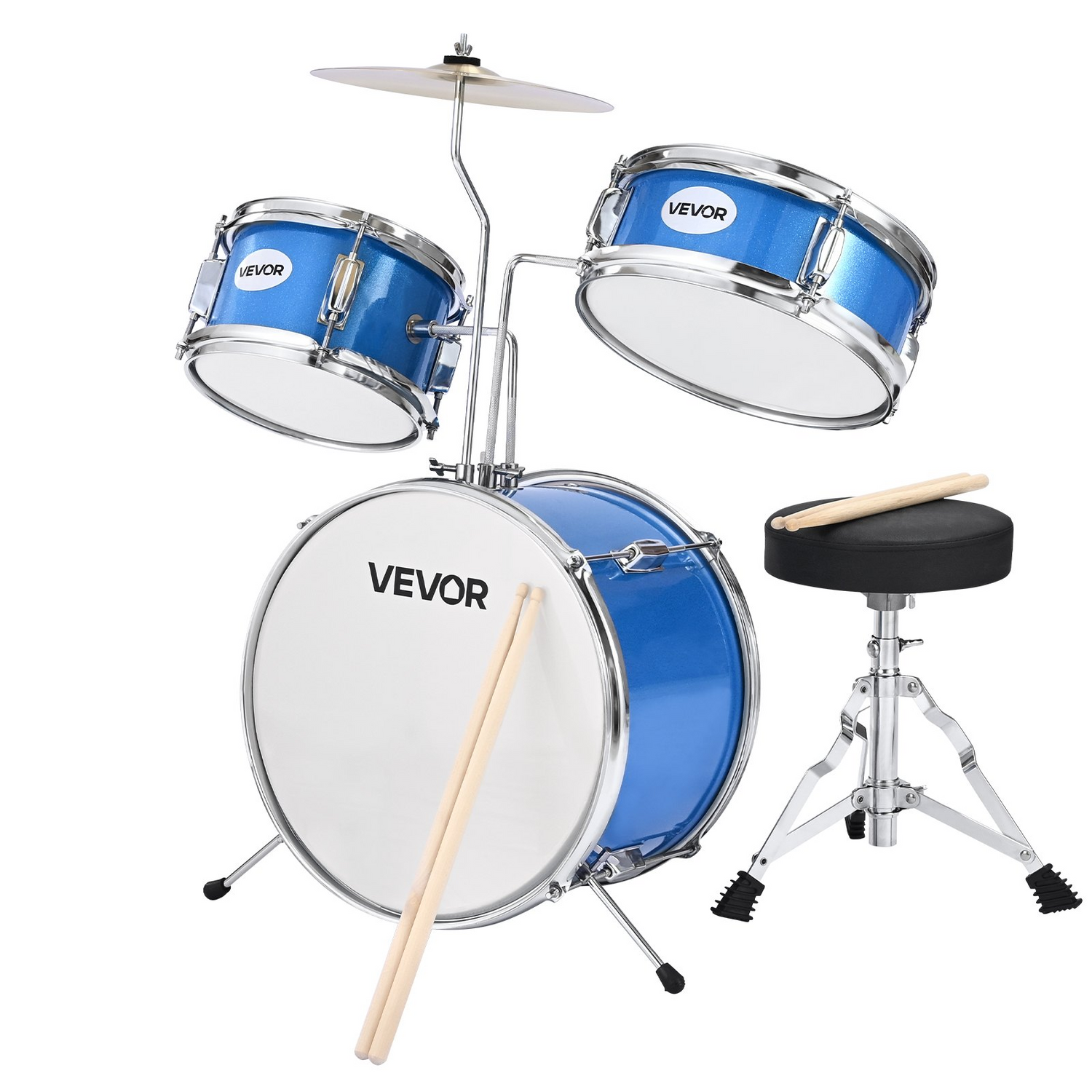 Start2Finish VEVOR kids 3-piece blue drum set with cymbal, adjustable throne, drumsticks, ideal for children ages 6-13.