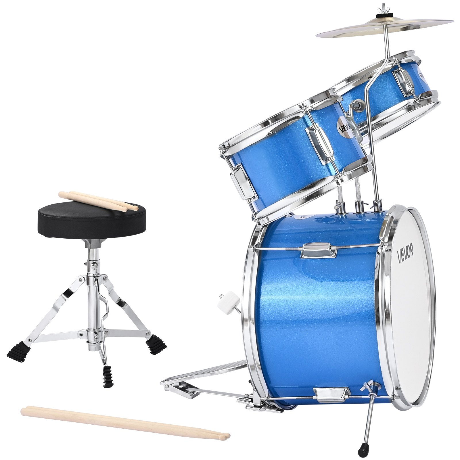Start2Finish VEVOR Kids Drum Set with 14-inch junior drums, cymbal, drumsticks, adjustable throne, ideal for children aged 6-13.