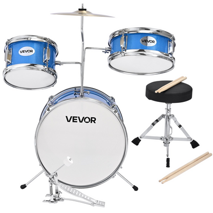 Start2Finish VEVOR Kids Drum Set, 3-piece blue junior beginner drums with cymbal, throne, and drumsticks for children ages 6-13.