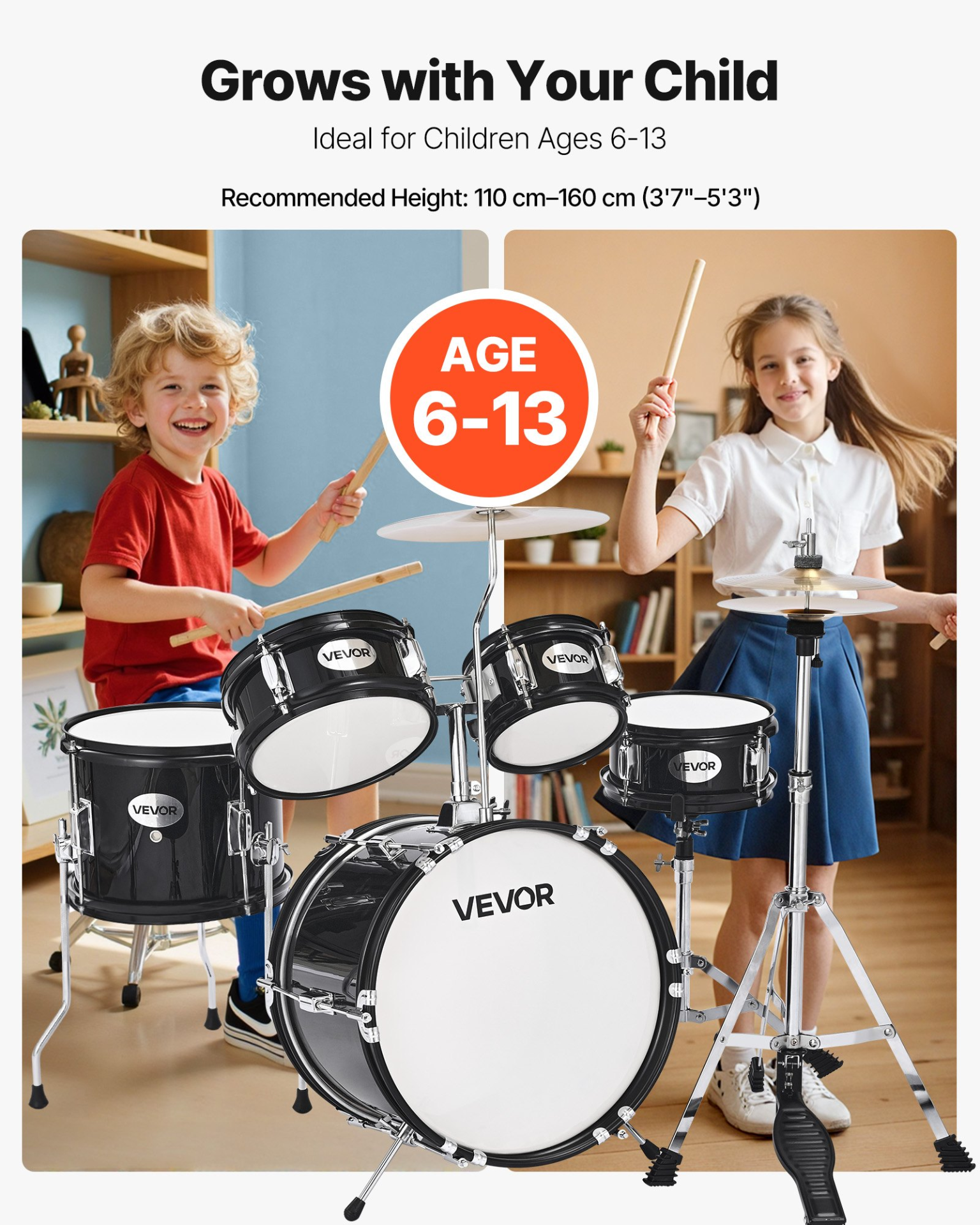 Start2Finish VEVOR Kids 5-Piece Drum Set with cymbal, drumsticks, adjustable throne, black junior beginner musical instruments for children