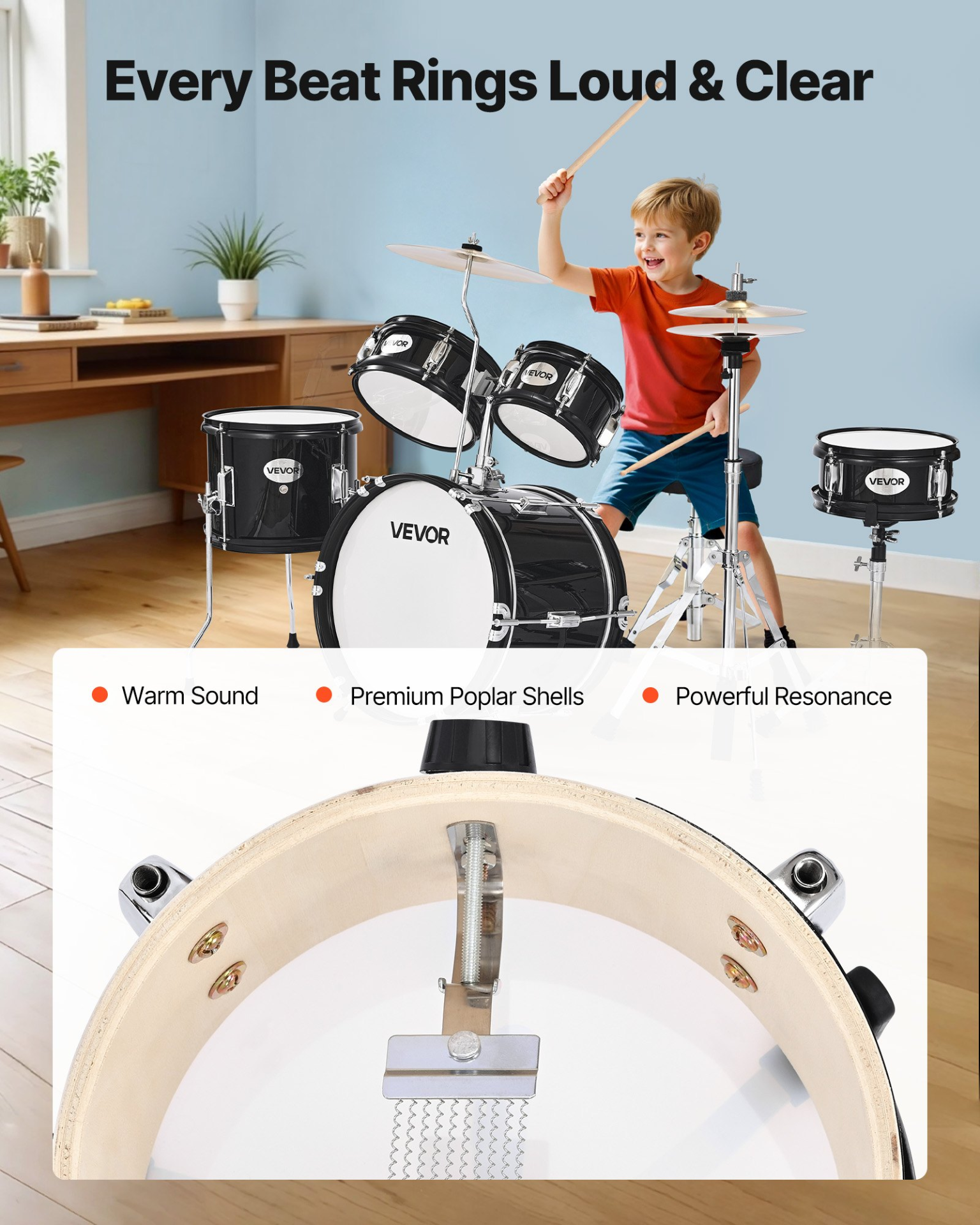 Start2Finish VEVOR Kids Drum Set with 14-inch drums, cymbal, adjustable throne, drumsticks for children ages 6-13, black.