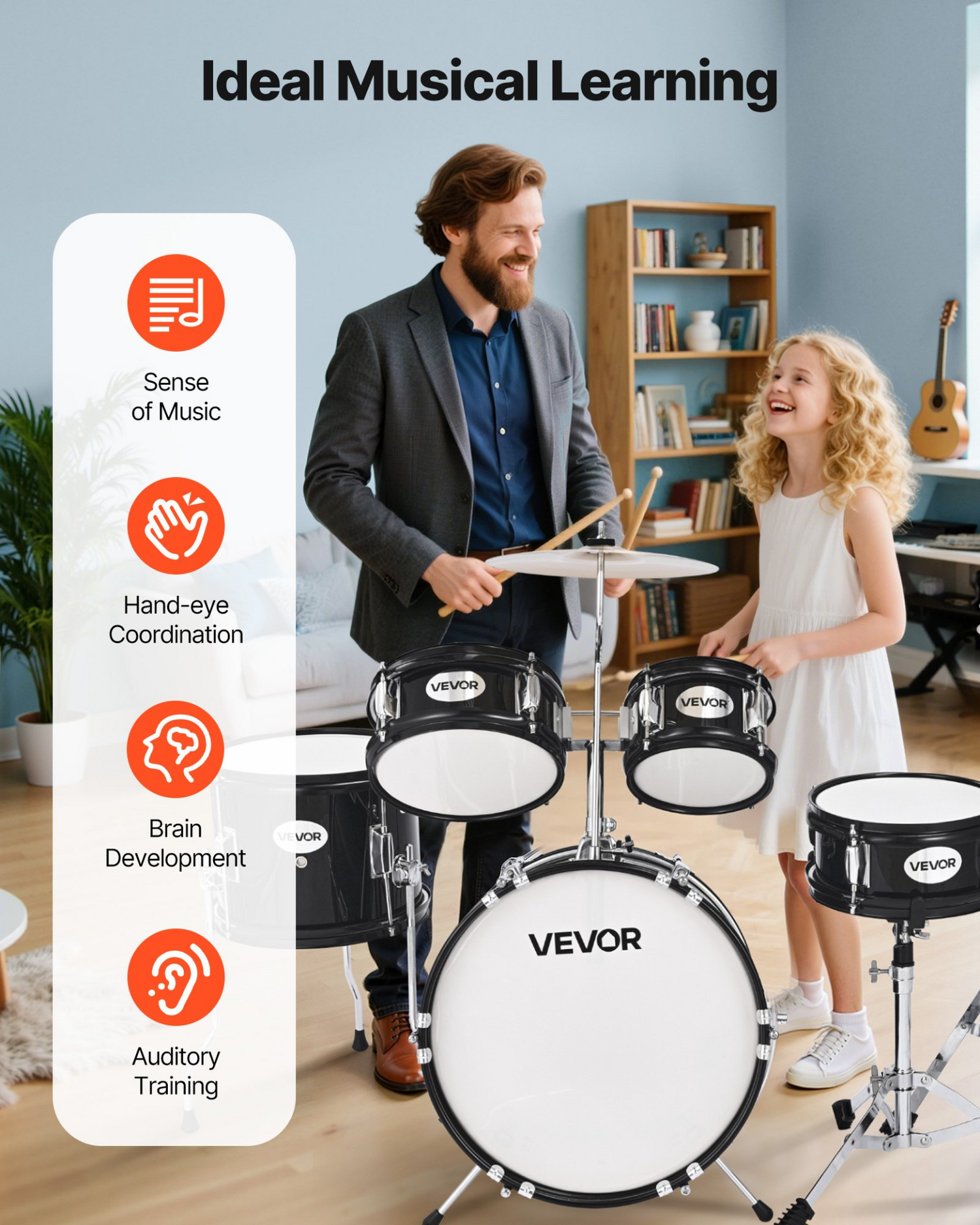 Start2Finish VEVOR Kids 5-Piece Drum Set with cymbal, adjustable throne, and drumsticks, ideal for children ages 6-13.
