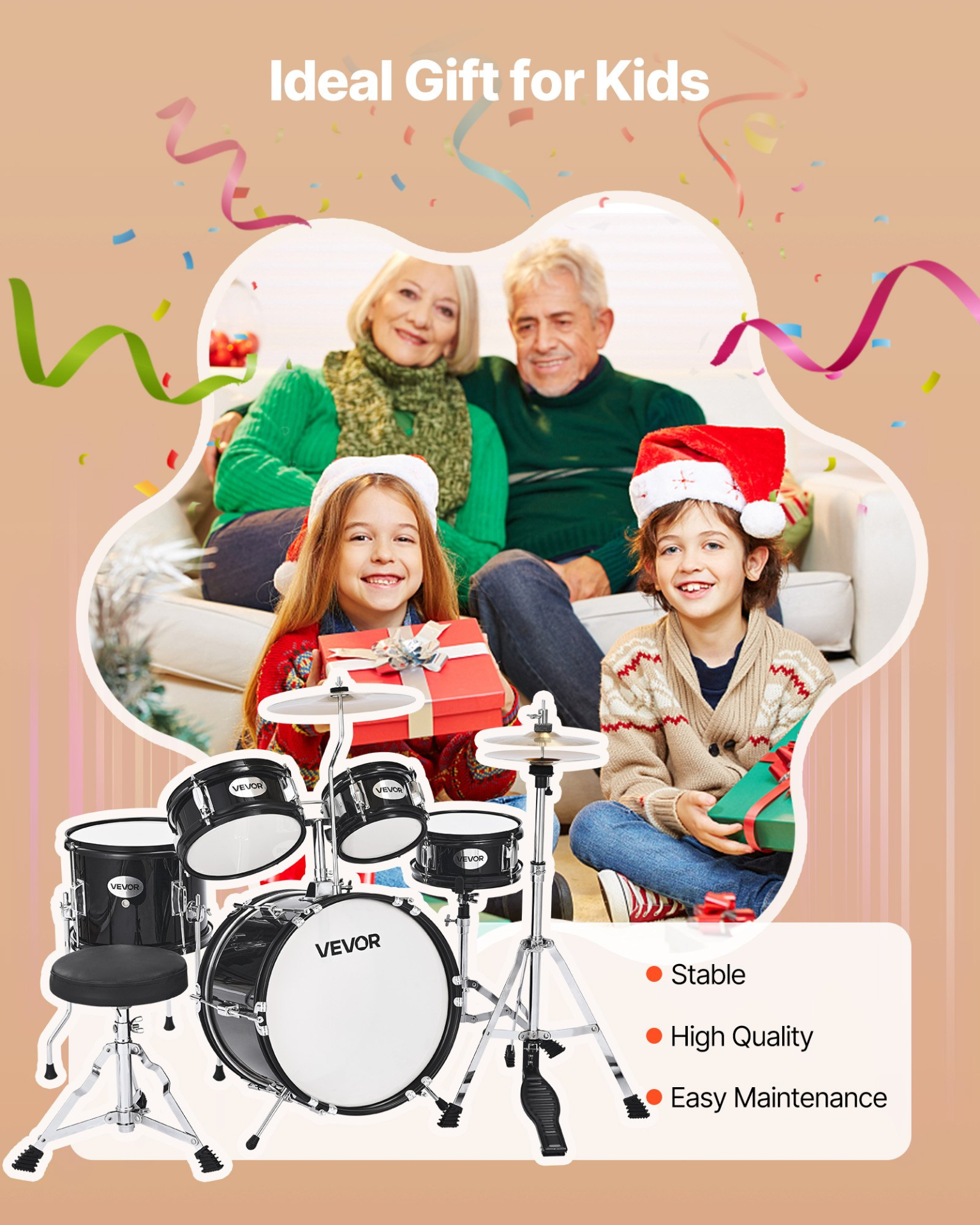 Start2Finish VEVOR Kids 5-Piece Drum Set with cymbal, drumsticks, and adjustable throne, ideal for children ages 6-13.