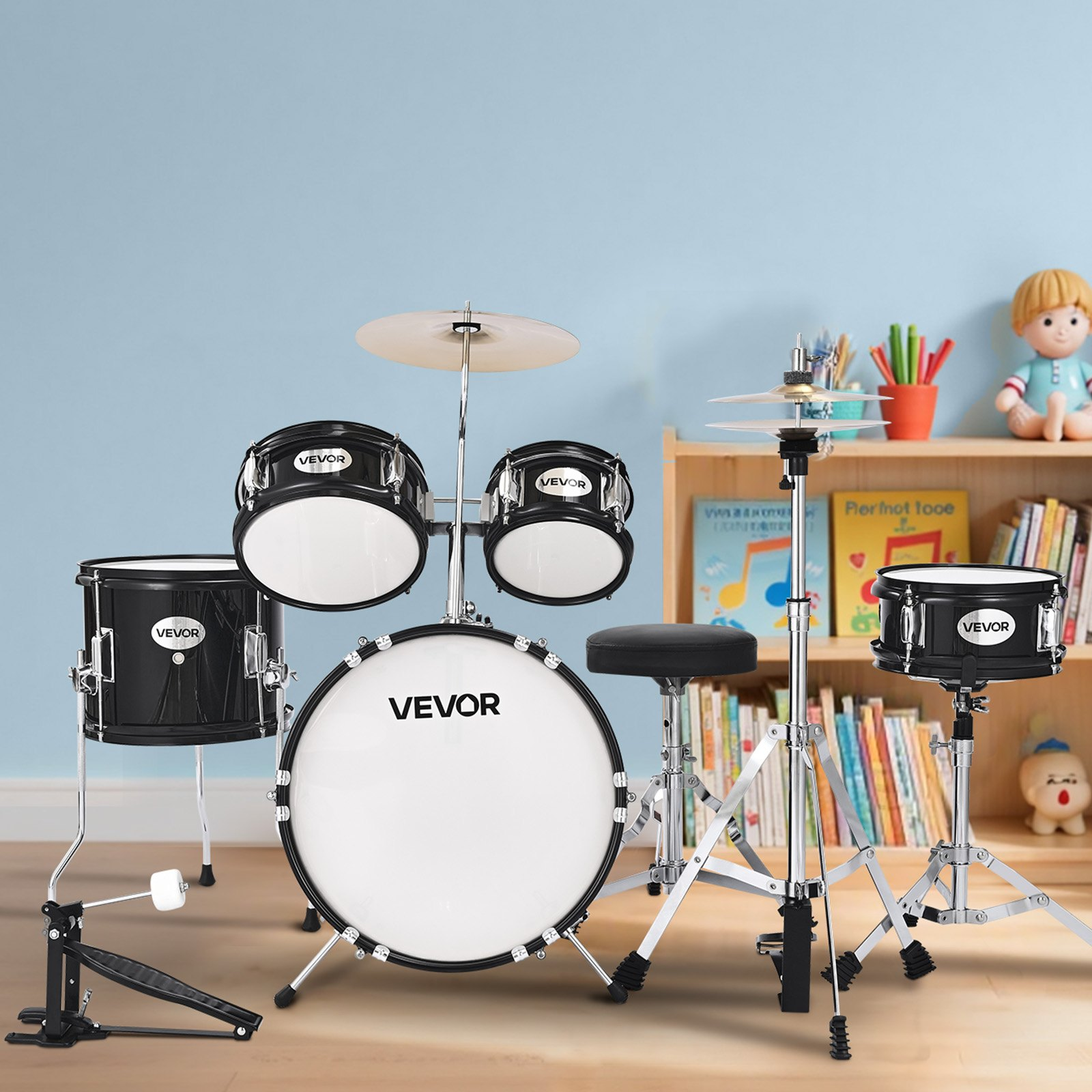 Start2Finish VEVOR Kids 5-Piece Drum Set with cymbal, adjustable throne, and drumsticks for children ages 6-13, black musical instrument kit.