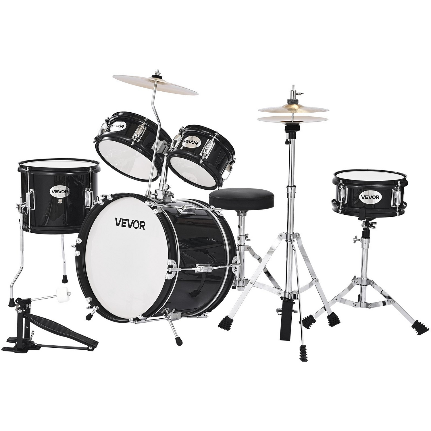 Start2Finish VEVOR Kids Drum Set, 5-piece black beginner musical instrument kit with cymbal, throne, and drumsticks for children ages 6-13.