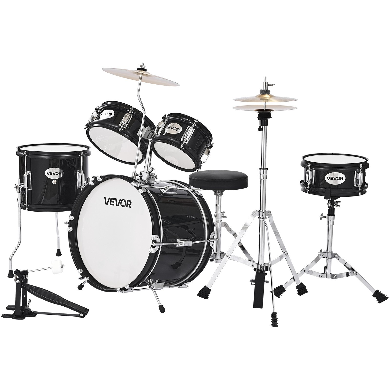 Start2Finish VEVOR Kids Drum Set, 5-piece black beginner musical instrument kit with cymbal, throne, and drumsticks for children ages 6-13.