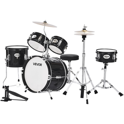 Start2Finish VEVOR Kids Drum Set, 5-piece black beginner musical instrument kit with cymbal, throne, and drumsticks for children ages 6-13.