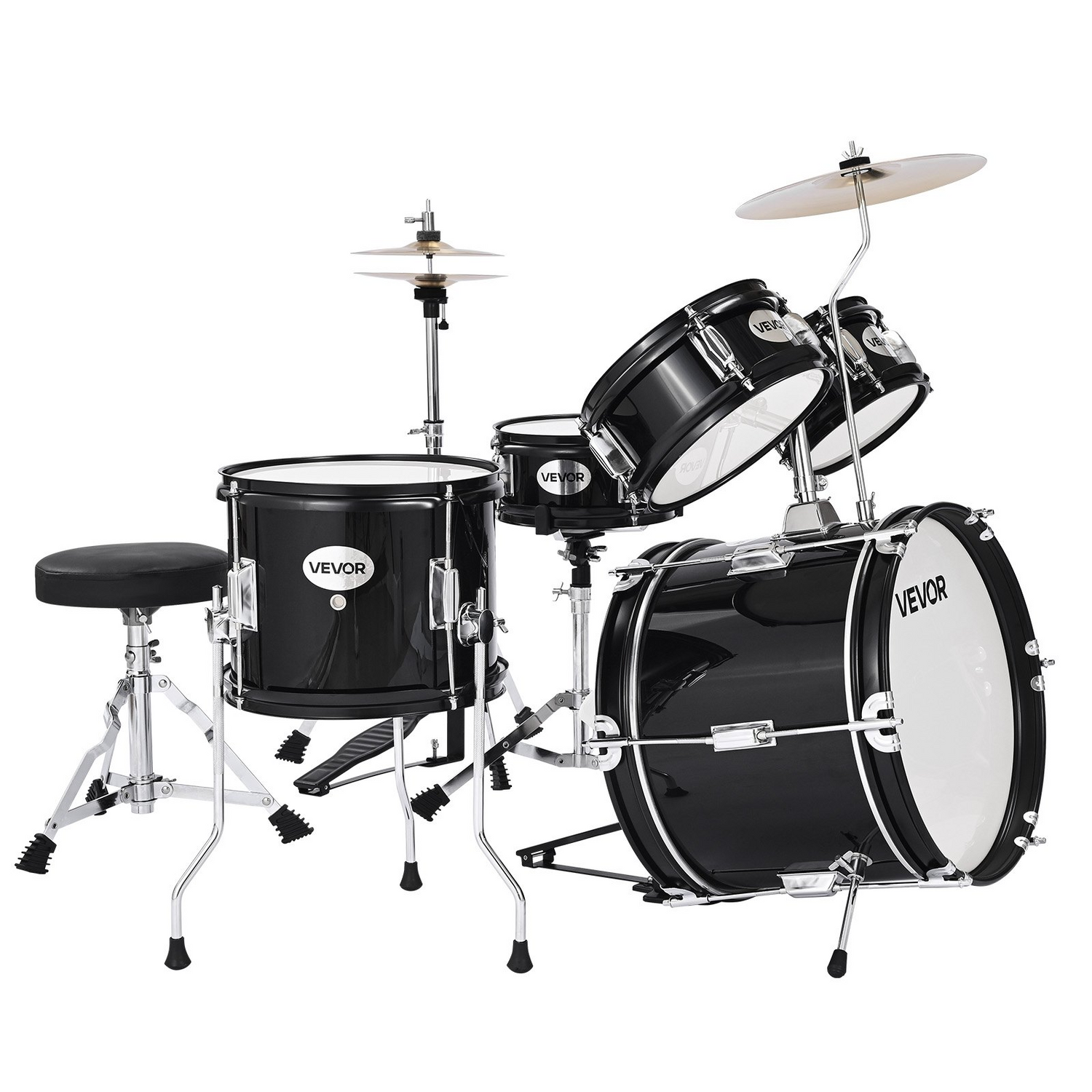 Start2Finish VEVOR Kids Drum Set with 14-inch drums, cymbal, adjustable throne, drumsticks, ideal for children ages 6-13.