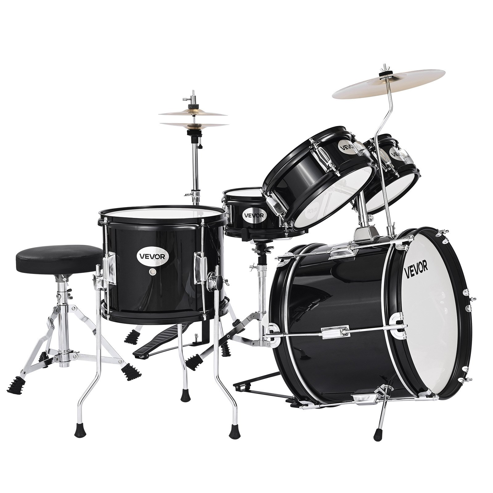 Start2Finish VEVOR Kids Drum Set with 14-inch drums, cymbal, adjustable throne, drumsticks, ideal for children ages 6-13.