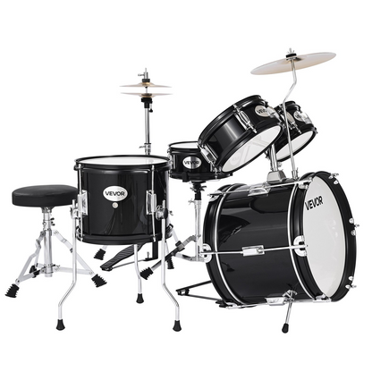 Start2Finish VEVOR Kids Drum Set with 14-inch drums, cymbal, adjustable throne, drumsticks, ideal for children ages 6-13.