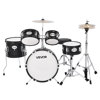 Start2Finish VEVOR Kids Drum Set, 5-piece beginner musical instruments kit with cymbal, adjustable throne, and drumsticks for children.