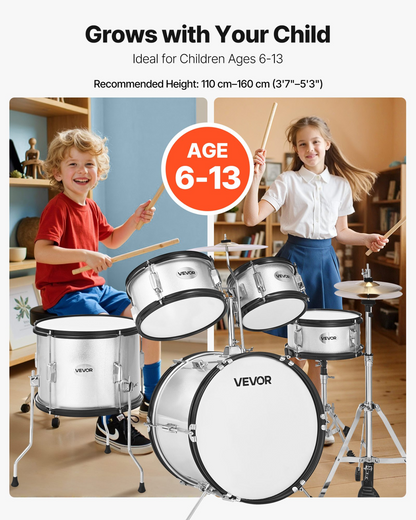 Start2Finish VEVOR Kids Drum Set with 16-inch junior drums, cymbal, adjustable throne, drumsticks, in silver for children ages 6-13.