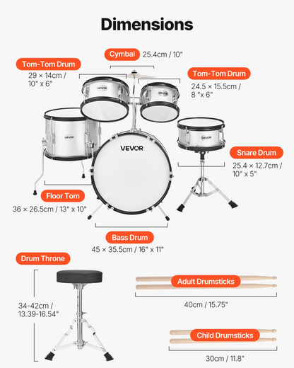 Start2Finish VEVOR Kids 5-Piece Drum Set with cymbal, adjustable throne, drumsticks, and junior size for children ages 6-13.