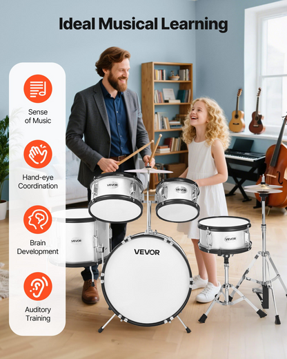 Start2Finish VEVOR kids 5-piece drum set with cymbal, adjustable throne, drumsticks, and silver finish for children ages 6-13.