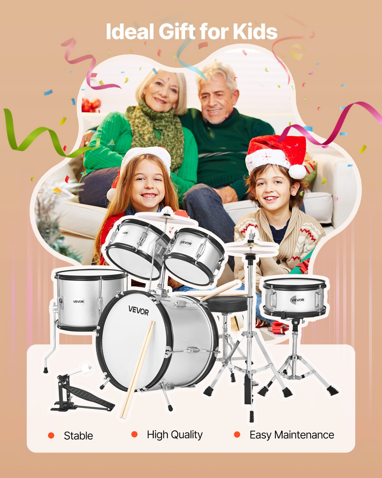 Start2Finish VEVOR Kids 5-Piece Drum Set with cymbal, adjustable throne, drumsticks, for children ages 6-13, silver musical instrument kit.