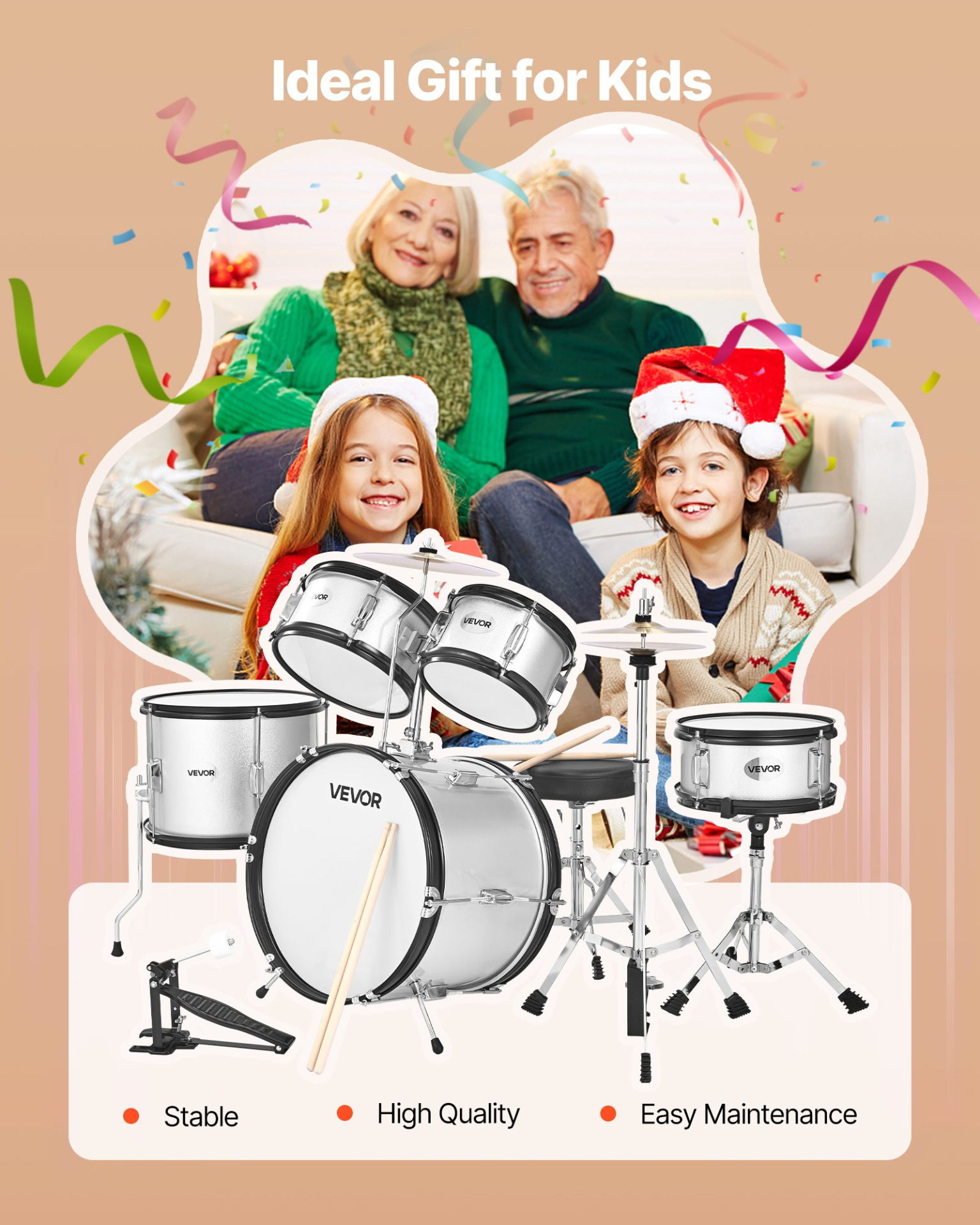 Start2Finish VEVOR Kids 5-Piece Drum Set with cymbal, adjustable throne, drumsticks, for children ages 6-13, silver musical instrument kit.