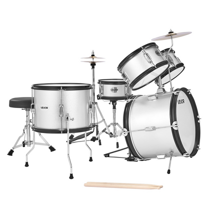 Start2Finish VEVOR Kids 5-Piece Drum Set with cymbal, drumsticks, and adjustable throne for children ages 6-13, silver musical instrument kit.
