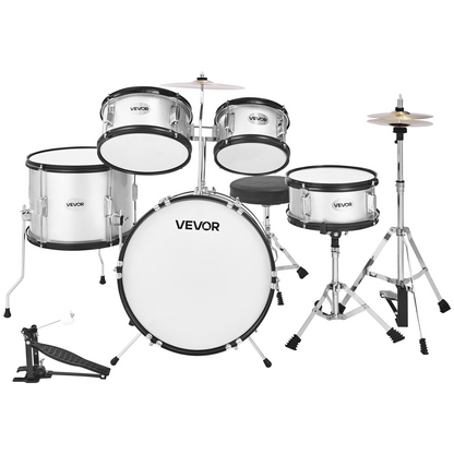 Start2Finish VEVOR kids 5-piece drum set with cymbal, adjustable throne, drumsticks, and silver finish for children ages 6-13.