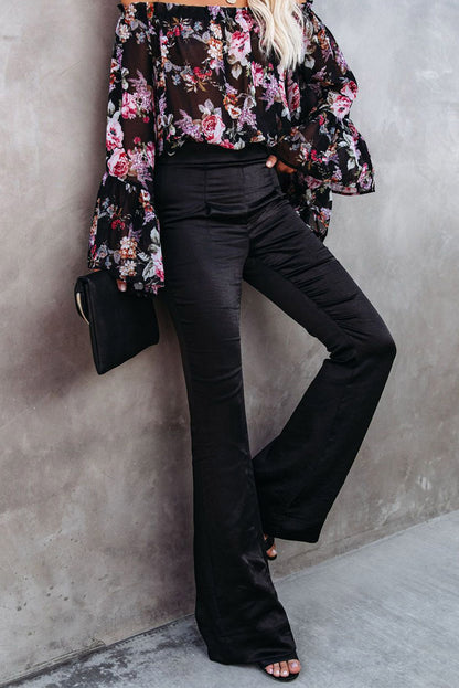 Black satin flare tailored pants from Harlequin Daisy, designed for bath and beauty use, featuring a sleek, elegant fit.