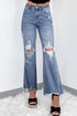 Dusk blue high-rise flared jeans by Carmine Juneberry with ripped distressed hems and a stylish fit.