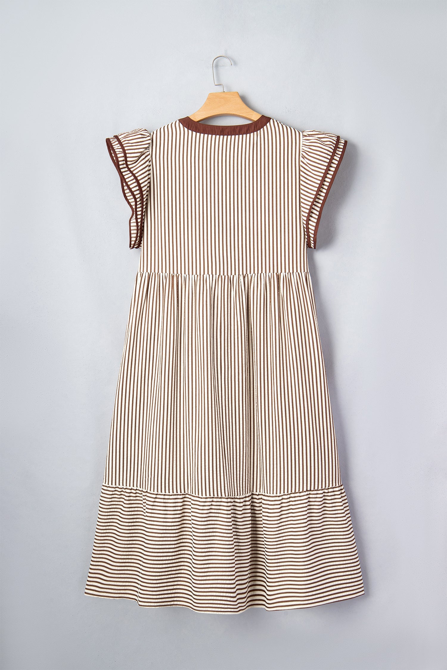 Plus size stripe flutter sleeve V-neck maxi dress by Byzantium Bay, flowing fabric with bold horizontal stripes and a flattering V-neckline.