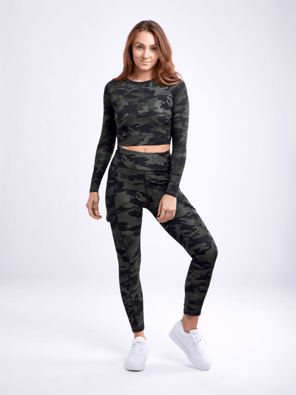 Black Lavender JupiterGear long-sleeve crop top for activewear, fitted black top with long sleeves and modern style.