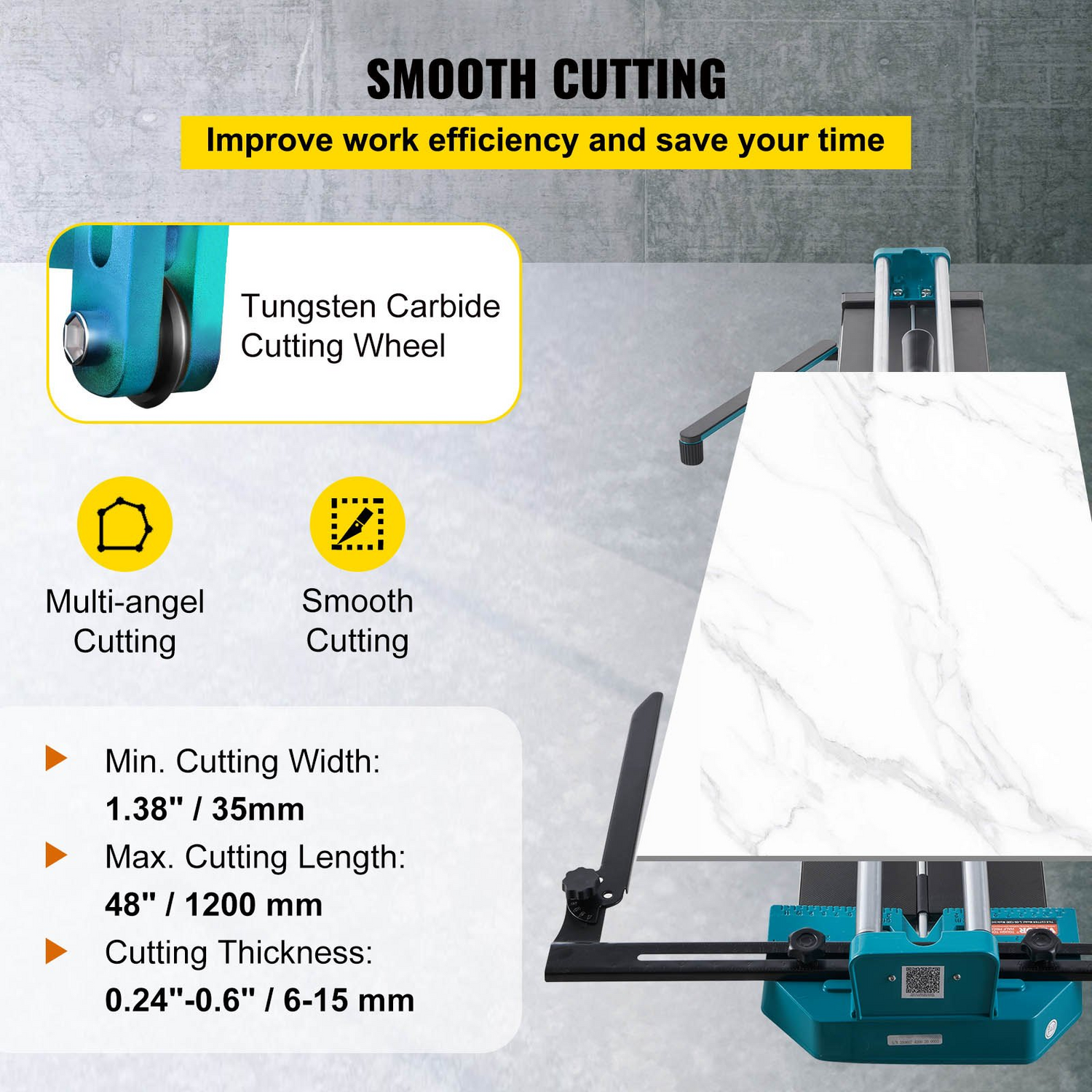 Start2Finish VEVOR manual tile cutter with 48-inch cutting length and laser guide for ceramic tile installation.