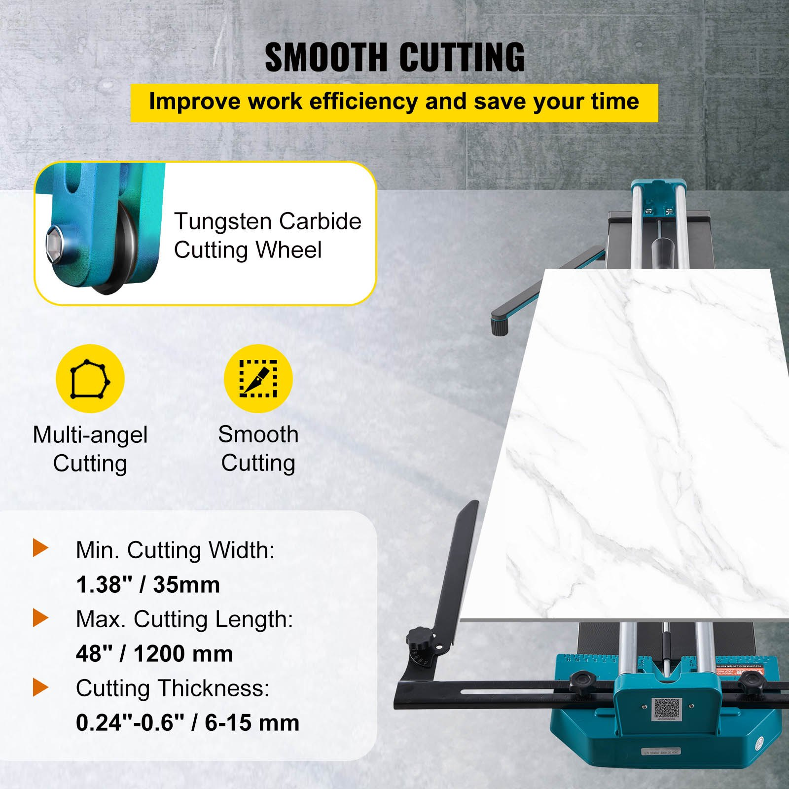 Start2Finish VEVOR manual tile cutter with 48-inch cutting length and laser guide for ceramic tile installation.