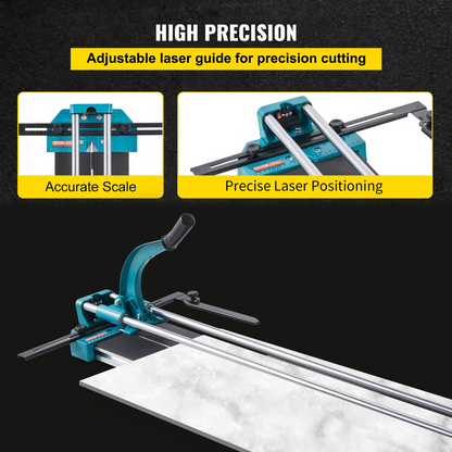 Start2Finish VEVOR manual tile cutter with laser guide, 48-inch ceramic cutting machine, and sturdy metal frame for precise cuts.