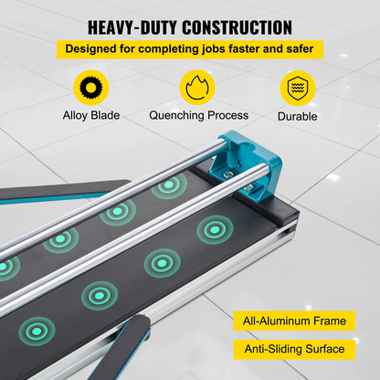 Start2Finish VEVOR manual tile cutter with laser guide, 48-inch ceramic tile cutting machine, sturdy tools and equipment for precise cuts.