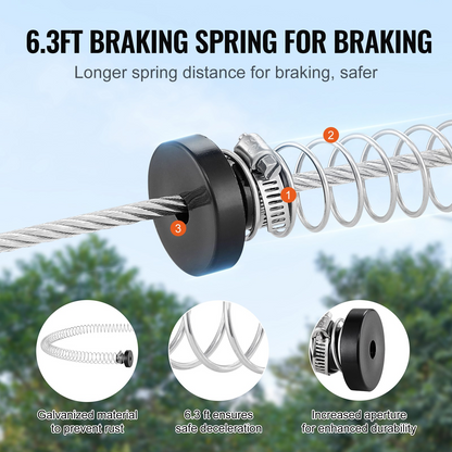 Start2Finish outdoor VEVOR zipline kit for kids and adults with stainless steel cable, safety harness, seat, and spring brake setup.