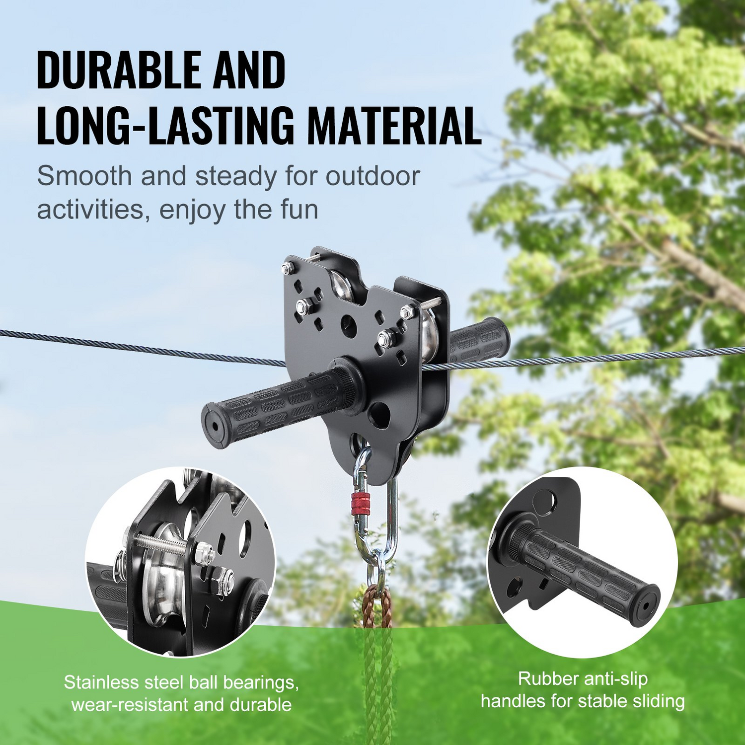 Start2Finish outdoor zipline kit with stainless steel cable, safety harness, seat, and spring brake for kids and adults up to 227 kg.