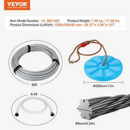 Start2Finish VEVOR outdoor zipline kit with stainless steel cable, safety harness, seat, and spring brake for kids and adults.