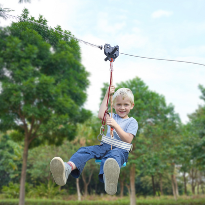 Start2Finish outdoor VEVOR zipline kit for kids and adults, includes stainless steel zipline, safety harness, spring brake, and seat.