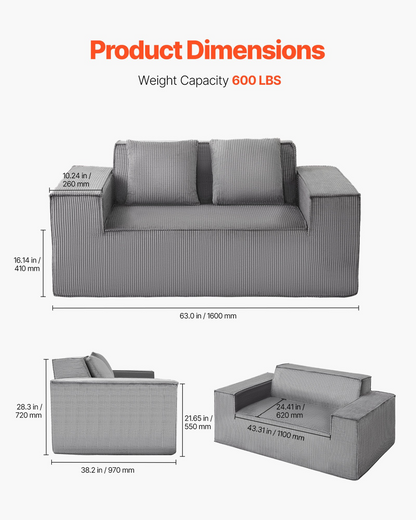 Gray VEVOR loveseat sofa with soft cushions, 63-inch size, corduroy fabric, pocket springs, suitable for living room or bedroom.