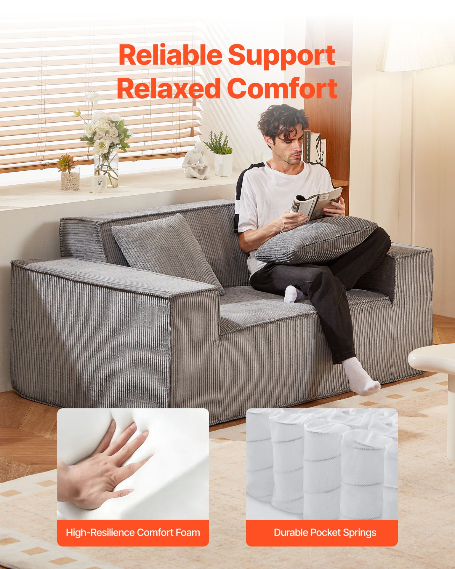 Start2Finish VEVOR 63-inch gray loveseat sofa with soft cushions, pocket springs, and modern corduroy fabric for living room or bedroom.
