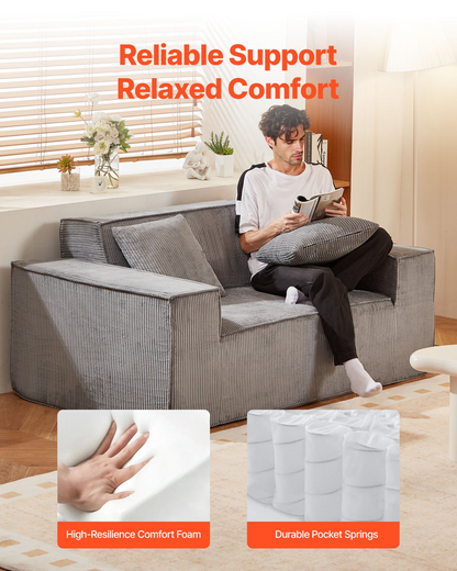 Start2Finish VEVOR 63-inch gray loveseat sofa with soft cushions, pocket springs, and modern corduroy fabric for living room or bedroom.