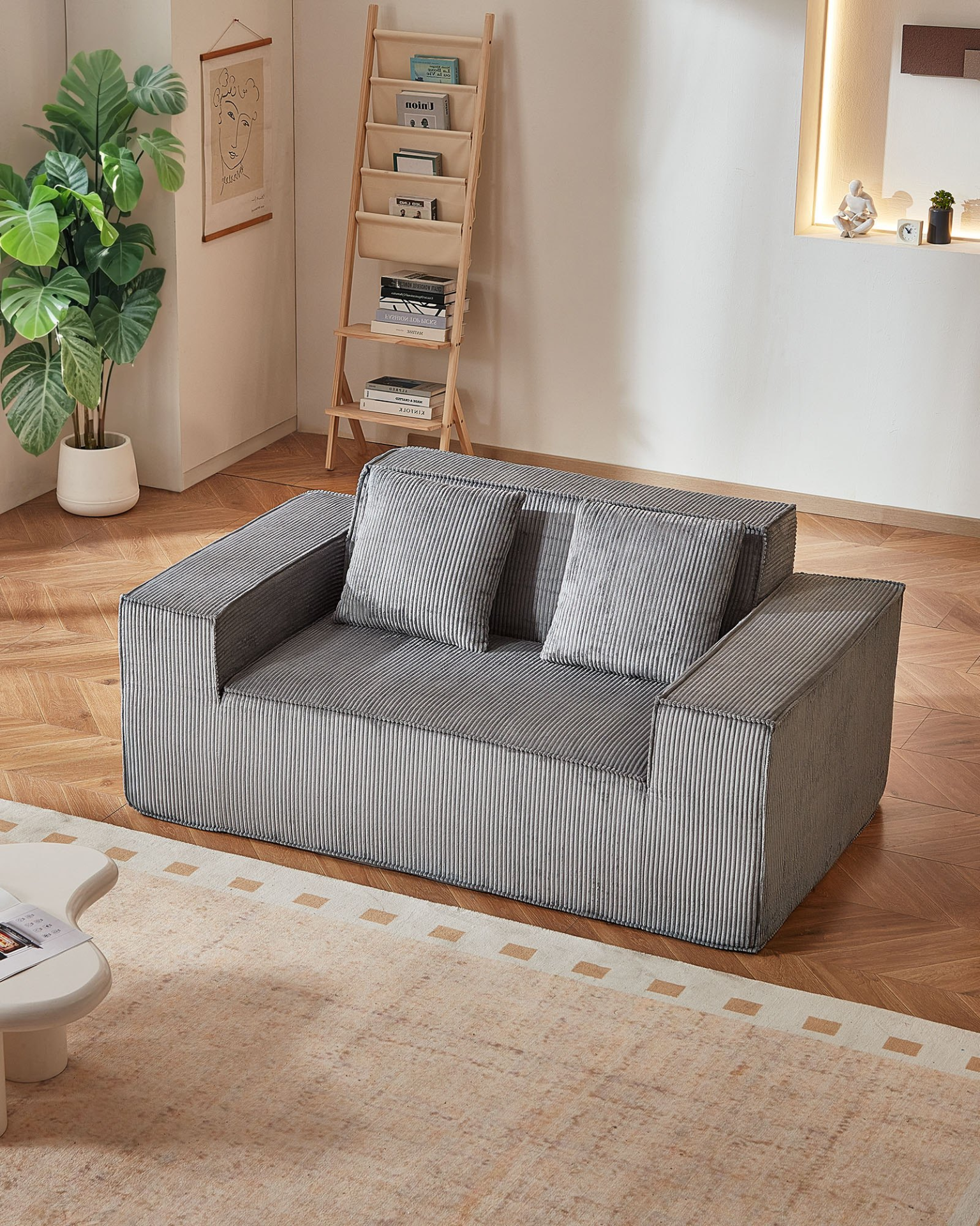 Gray VEVOR loveseat sofa with soft cushions, pocket springs, and corduroy fabric, perfect for living room, bedroom, or office use.