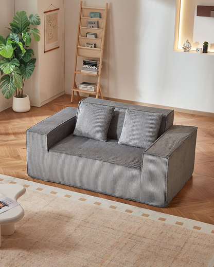 Gray VEVOR loveseat sofa with soft cushions, pocket springs, and corduroy fabric, perfect for living room, bedroom, or office use.