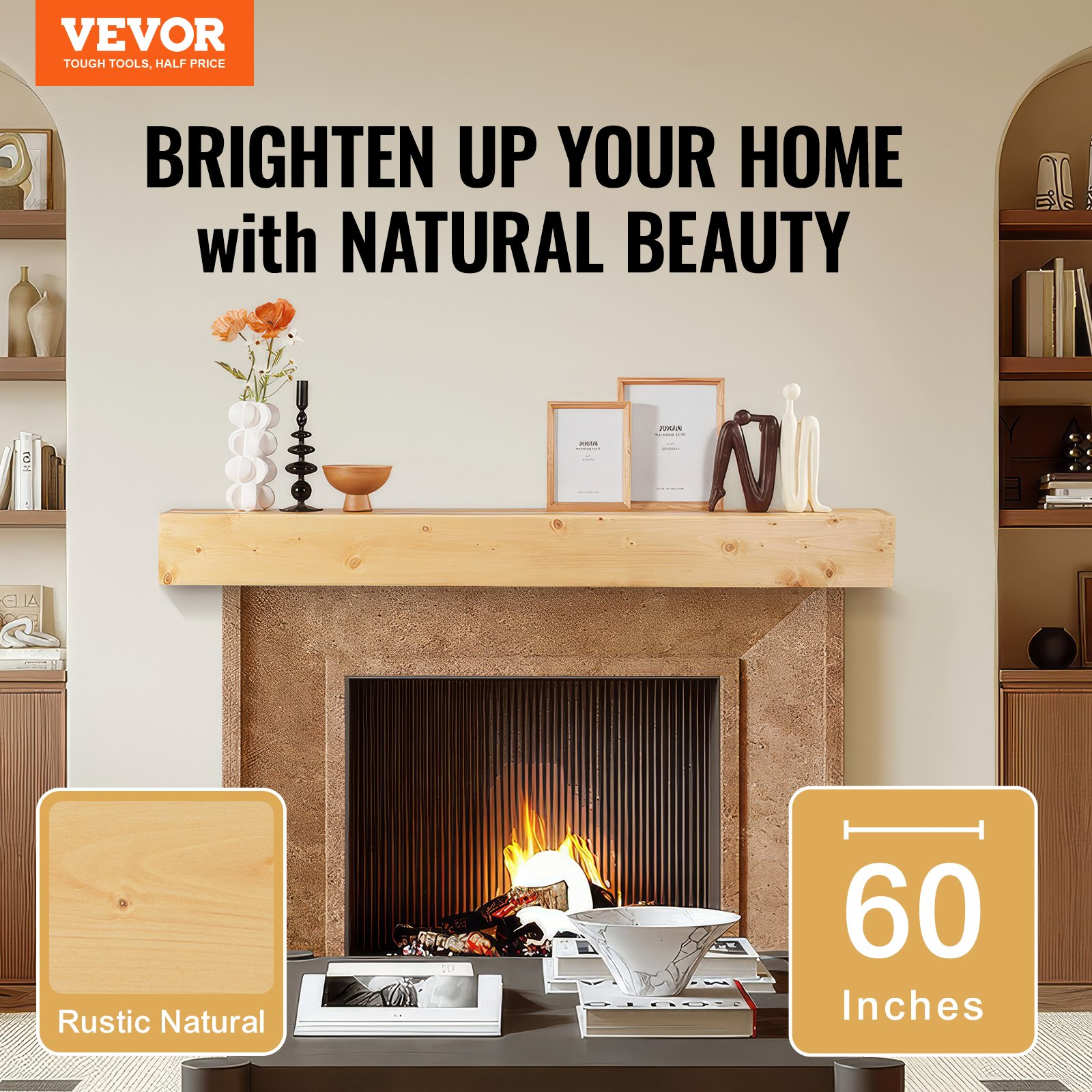 Rustic wooden fireplace mantel by Start2Finish, 60-inch wall-mounted farmhouse shelf with natural wood finish and handcrafted design.