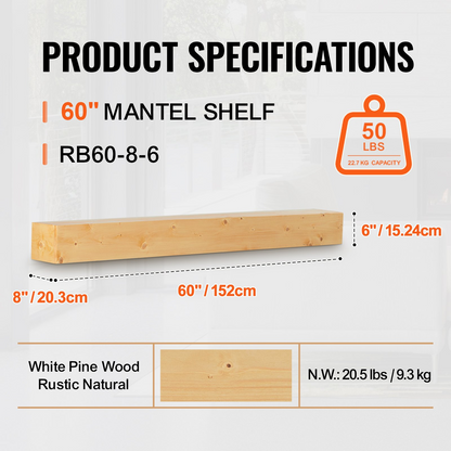 Rustic natural wood fireplace mantel by Start2Finish, 60-inch wall-mounted farmhouse shelf with handcrafted design and 50 lbs weight capacity.