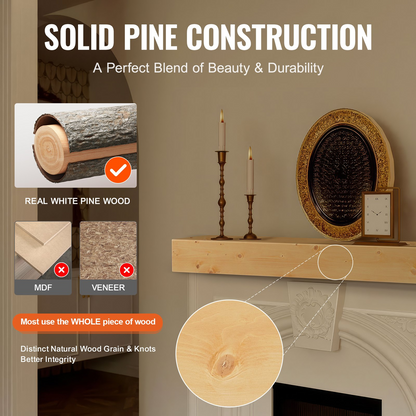 Start2Finish VEVOR fireplace mantel, 60-inch natural wood floating shelf with handcrafted rustic design for wall decor.