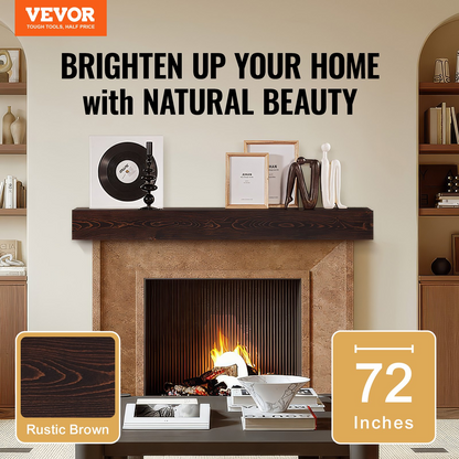 Rustic brown VEVOR fireplace mantel, 72-inch wall-mounted farmhouse shelf with natural wood finish and handcrafted design for home decor.