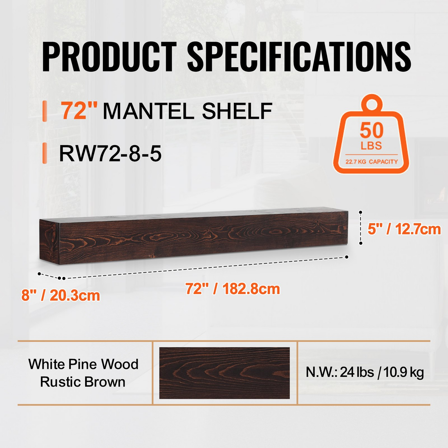 Rustic brown VEVOR fireplace mantel shelf, 72 inches long, handcrafted natural wood wall-mounted decor over fireplace, farmhouse style.